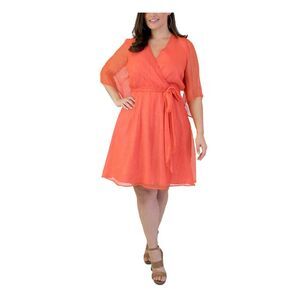 MAREE Womens Orange Tie Metallic-threading Flutter Sleeve Faux Wrap Dress 22